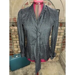 Button Down blouse abstract pattern black blue purple yellow kitten bow
